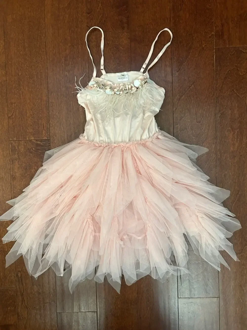 Blush Pink Tulle Ballet Costume Dress with Feather & Sequin Trim, Size 4/5